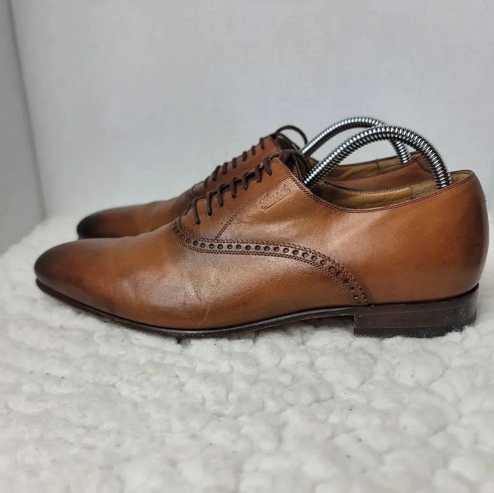 Gucci Wholecut Oxford Dress Shoes Brown Burnished Leather Made In Italy Mens 7